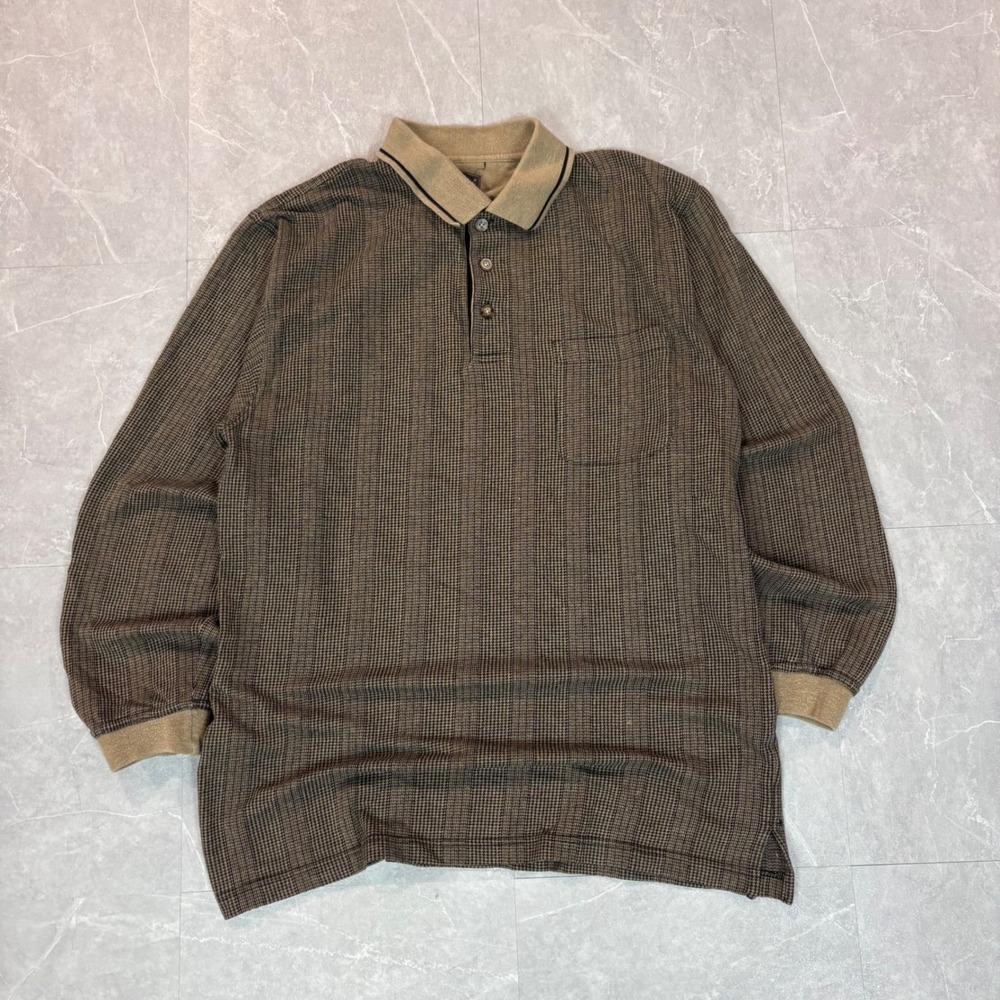 Knights Sportswear Mens Brown Houndstooth Long Sleeve Polo Shirt Large Pocket